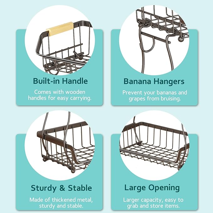 2 Tier Fruit Basket with 2 Banana Hangers, Detachable Countertop Fruit Bowls for Kitchen Counter, Metal Wire Fruit Vegetable Storage Holder Stand with Wooden Handles for Bread, Snacks, Veggies