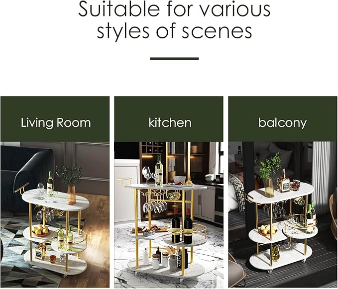 Gold Bar Carts with 4-Tier Storage Shelves, Mobile Bar Serving Cart with Wine Rack and Glass Holder, for The Home, Kitchen, Living Room, Dining Room