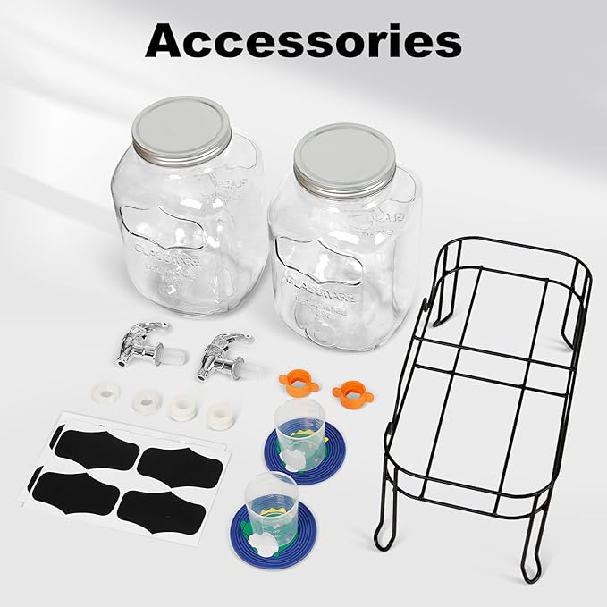 2-Pack 1 Gallon Glass Laundry Detergent Dispenser Set with Bamboo Lids and Stand - Liquid Soap and Fabric Softener Dispensers with Spigots, Cups, Labels and Mats, Laundry Room Organization and Storage