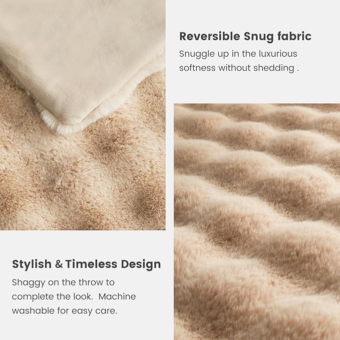 Cozy Bliss Faux Fur Throw Blanket for Couch, Fuzzy Soft Plush Thick Bubble Blanket for Sofa Bedroom Living Room, 50 * 60 Inches Beige