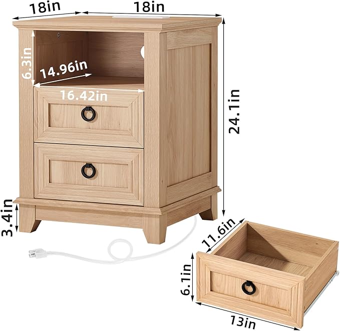 18" Farmhouse Night Stands Set of 2 with Charging Station, 2 Drawers Bedside End Table, Natural Wooden Nightstand, Bed Side Table Cabinet with Open Shelf for Bedroom Living Room Office