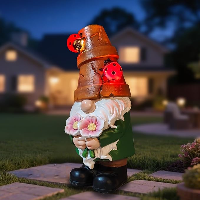 COWOS Garden Gnome Statues Outdoor Decor, Solar Gnomes with LED Lighted Flowers, Solar Resin Outdoor Statue Sculpture, for Woman Gift Home and Garden Decor