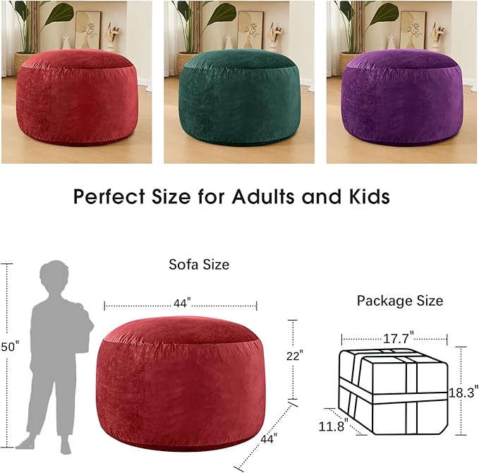 Bean Bag Chairs for Adults - Memory Foam Furniture BeanBag Chair - Kids/Teens Sofa with Soft Micro Fiber Cover - Round Fluffy Couch for Living Room Bedroom College Dorm - 4 ft, Red