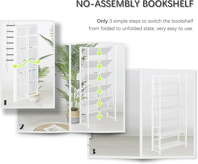 4NM No Assembly Foldable Bookshelf, 6-Shelf Collapsible Bookcase Storage for Small Spaces, 74" H, All White