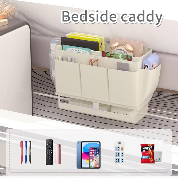 Bedside Caddy, Bed Organizer with 11 Pockets and Power Strip Holder,Versatile Bedside Storage Caddy for Home,Dorm,Bunk,Hospital,Crib Bed (2 Pack White)