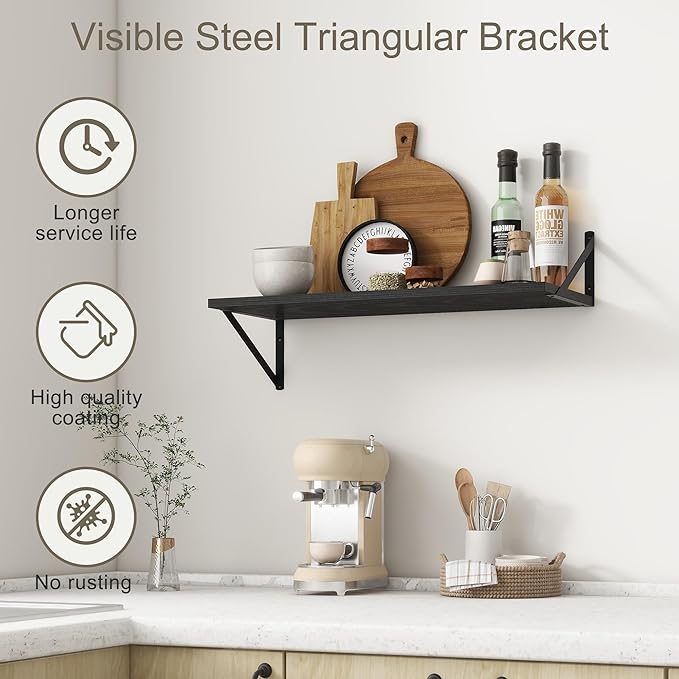 Fun Memories 27.5" W x12 D Floating Shelves, Black Wall Shelf with Brackets, 12 Inch Deep Floating Shelf Set of 2, Large Storage Kitchen Living Room Bathroom Shelves, Wood Wall Mounted Shelf