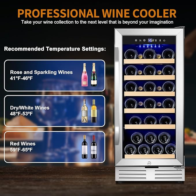 15 Inch Wine Fridge 32 Bottles Wine Cooler Refrigerator Undercounter Wine Fridge with Glass Door, LED Light, Removable Wooden Shelves, Built-in or Freestanding Wine Refrigerator for Home Office Bar