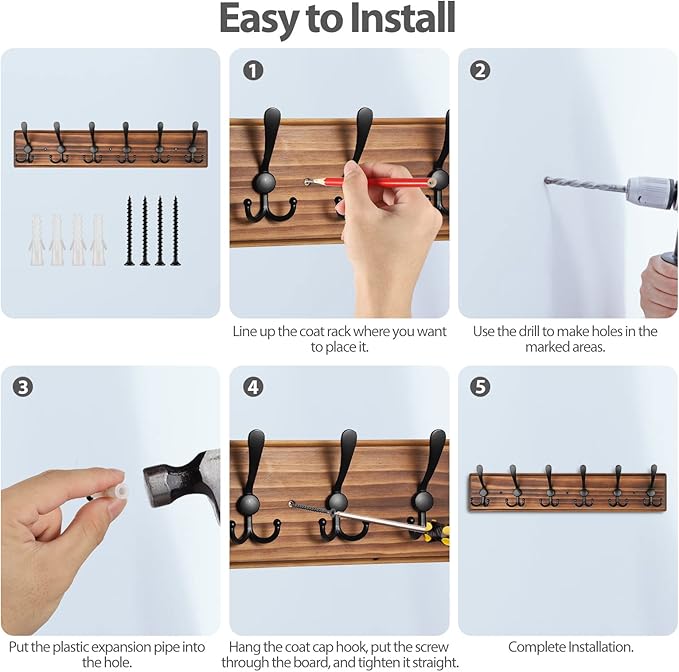 Coat Rack Wall Mount, Wooden Heavy Duty Coat Rack for Wall,6 Triple Coat Hanger Hooks for Hanging Coats,Jacket,Hat,Clothes (Brown, 6 Hooks)