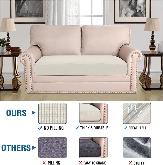 H.VERSAILTEX Super Stretch Individual Seat Cushion Covers Sofa Covers Couch Cushion Covers Slipcover Sets Thick Jacquard Textured Twill Fabric (1 Piece Loveseat Cushion Cover, Porcelain)