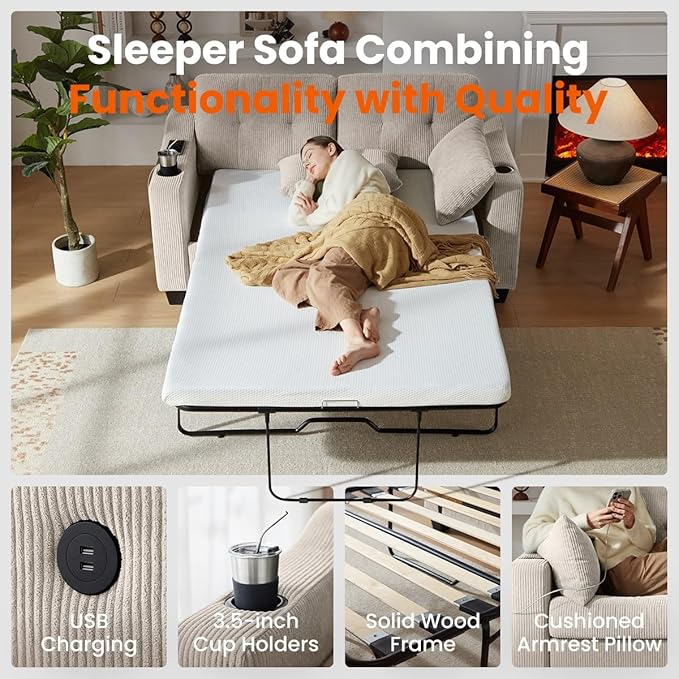 CHIC HOUSE Pull Out Sofa Bed, Full Size Sleeper Sofa, 2-in-1 Convertible Corduroy Couch with USB Charging, Memory Form Couch for Living Room, Apartment and Small Space (Beige, Corduroy - Full Size)