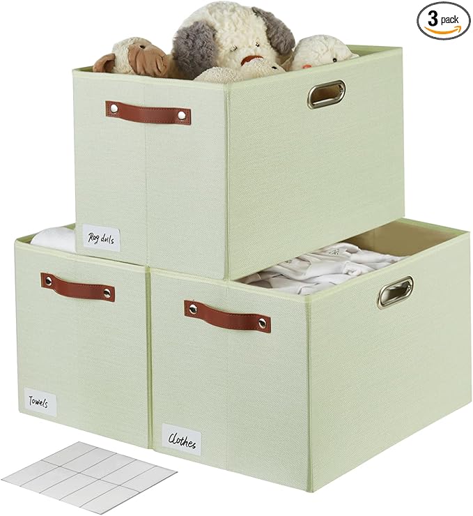 3-Pack Foldable Fabric Storage Bins with Durable PU & Metal Handles, Collapsible Storage Baskets for Shelves, Home Storage, Closet Organizers, Living Room(17"x11.8"x11.8", Sage Green)