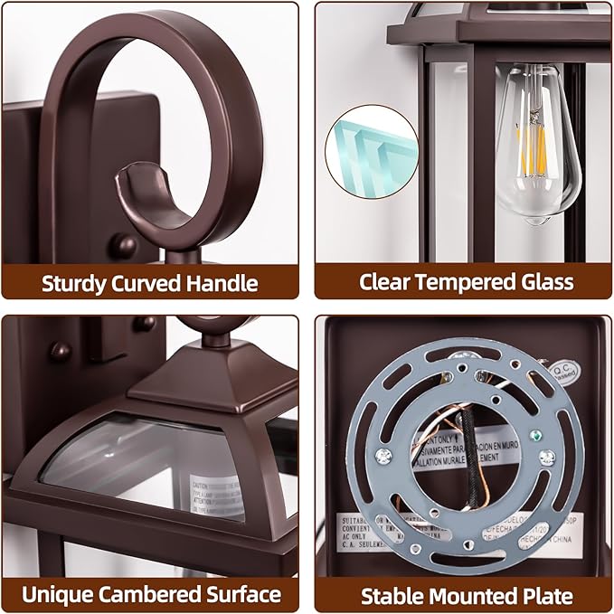 Bronze Outdoor Wall Lanterns Aluminum Anti-Rust Porch Lights 2-Pack, Exterior Light Fixtures IP65 Waterproof Clear Glass Brown Outdoor Sconces Lamps Wall Mount, Oil Rubbed Bronze