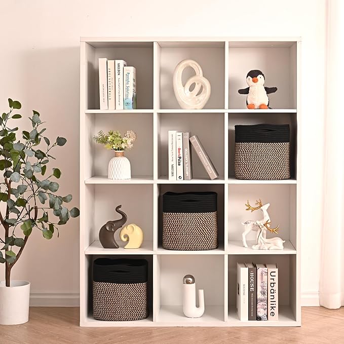 11 Inch Cube Storage Bins, Storage Cube Organizer Bins, Woven Cotton Rope Baskets for Storage, Storage Basket for Organizing Shelves, Square Baskets for Toys Nursery, Black & Jute (Pack of 3)