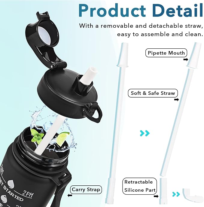 Enerbone Water Bottle, Leakproof BPA & Toxic Free, Motivational Water Bottle with Times to Drink and Straw, Fitness Sports Water Bottle with Strap for Office, Gym, Outdoor Sports