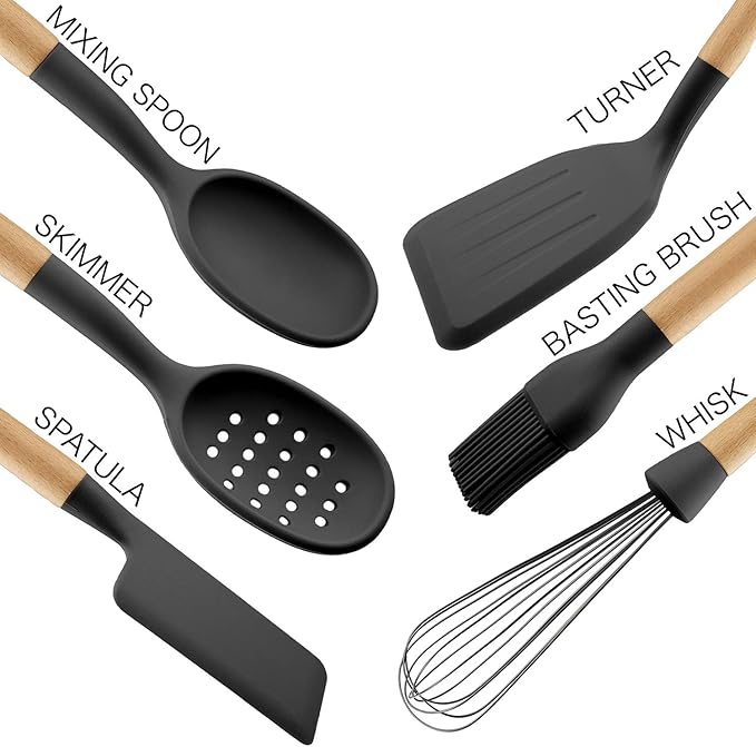 Country Kitchen Non Stick Silicone Utensil Set with Rounded Wood Handles for Cooking and Baking, 6 Piece Set, Black
