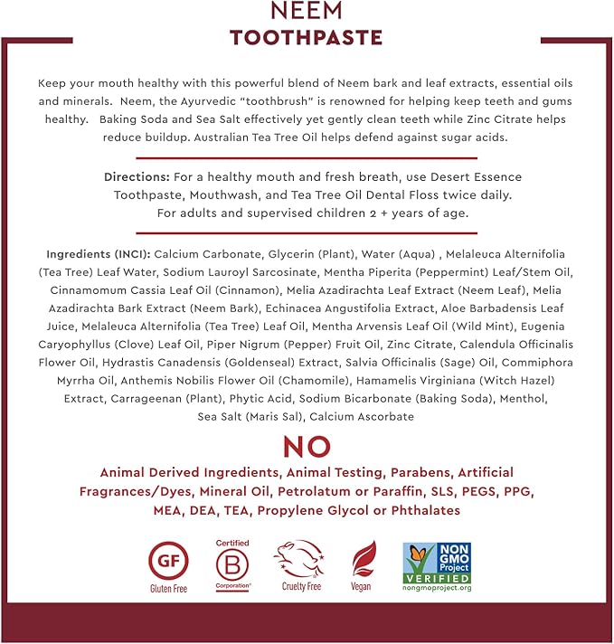Desert Essence Natural Neem Toothpaste - Cinnamint - 6.25 Oz - Pure Essential Oil - Baking Soda - Complete Oral Care - Sea Salt - Refreshing Taste - Promotes Buildup Reduction