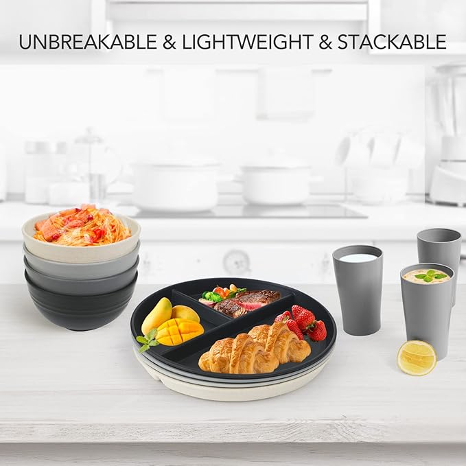 greenandlife 9 Inch (4PCS) Unbreakable Divided Plates for Kids Adults, Dishwasher & Microwave Safe Compartment Plate, Lightweight Reusable Plastic Portion Control Plates, BPA Free and Healthy