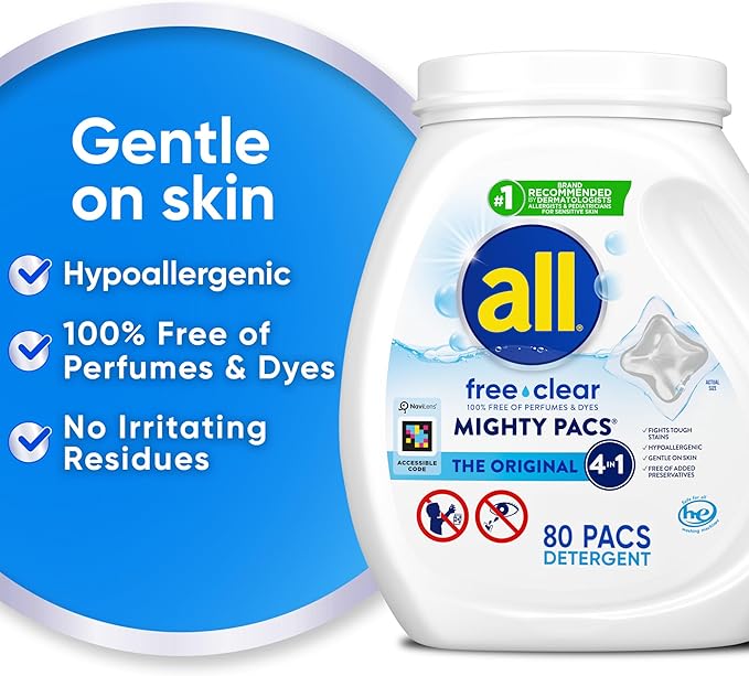 all Free Clear Mighty Pacs Laundry Detergent, for Sensitive Skin, Unscented and Dye Free, 80 Count