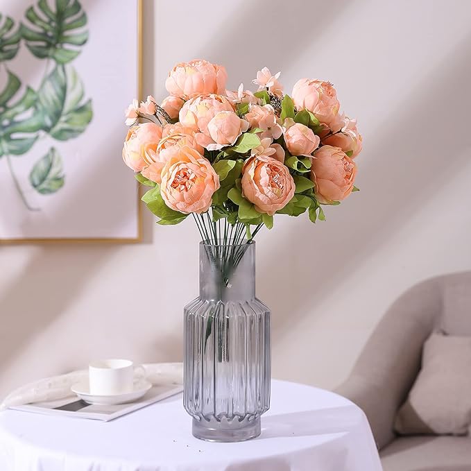 Duovlo Springs Flowers Artificial Silk Peony Bouquets Wedding Home Decoration,Pack of 1 (Spring Orange-Pink)