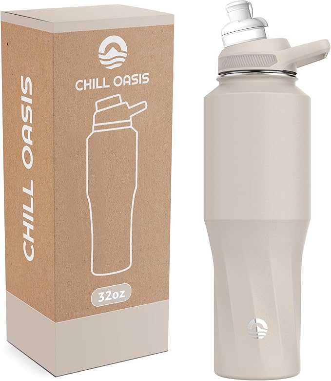 Chill Oasis Water Bottle | Compatible With Popular Flavor Cartridges | BPA Free, Leak Proof, Double-Walled Vacuum Insulated Stainless Steel, and Dishwasher Safe | Cold for 24 Hours (Beige, 32oz)
