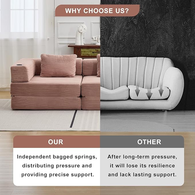 78" W Loveseat Sofa, 4 in 1 Convertible Floor Sofa Bed, Boneless Cloud Couch with Cup Holder, Fold Out Floor Couch, Loveseat Recliner Sleeper for Living Room Bedroom Lounge(Corduroy, White)