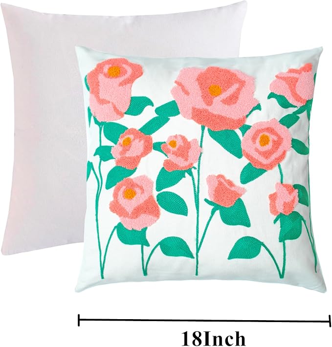 Embroidered Decorative Throw Pillow Cover, 18"x18" Set of 2, Farmhouse Pillowcase Pink Rose Knit Pattern Cotton Canvas Cushion Case Square Floral Pillow Case for Sofa Couch Bed Living Room…