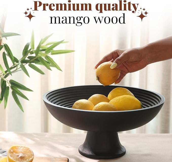 Folkulture Wooden Fruit Bowl for Kitchen Counter | 12" Large Premium Eco Friendly Banana Fruit Basket for Kitchen | Black Wood Bowl with Holder, Pedestal for Table Decor, Centerpiece for Dining Table