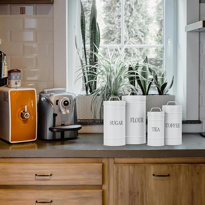 Farmhouse Canister Set for Kitchen Countertop, Airtight Nesting Kitchen Canisters Set of 4, Mental Flour Sugar Coffee Tea Storage Canister Jars, Vintage Country Design, White