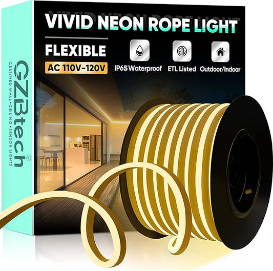 GZBtech Flexible LED Neon Rope Lights 66FT,AC 110-120V Waterproof Strip Light, 120 LEDs/M Cuttable Connectable Neon Lighting for Indoor Outdoor Home Decor/Commercial Building Use-Warm White 20M