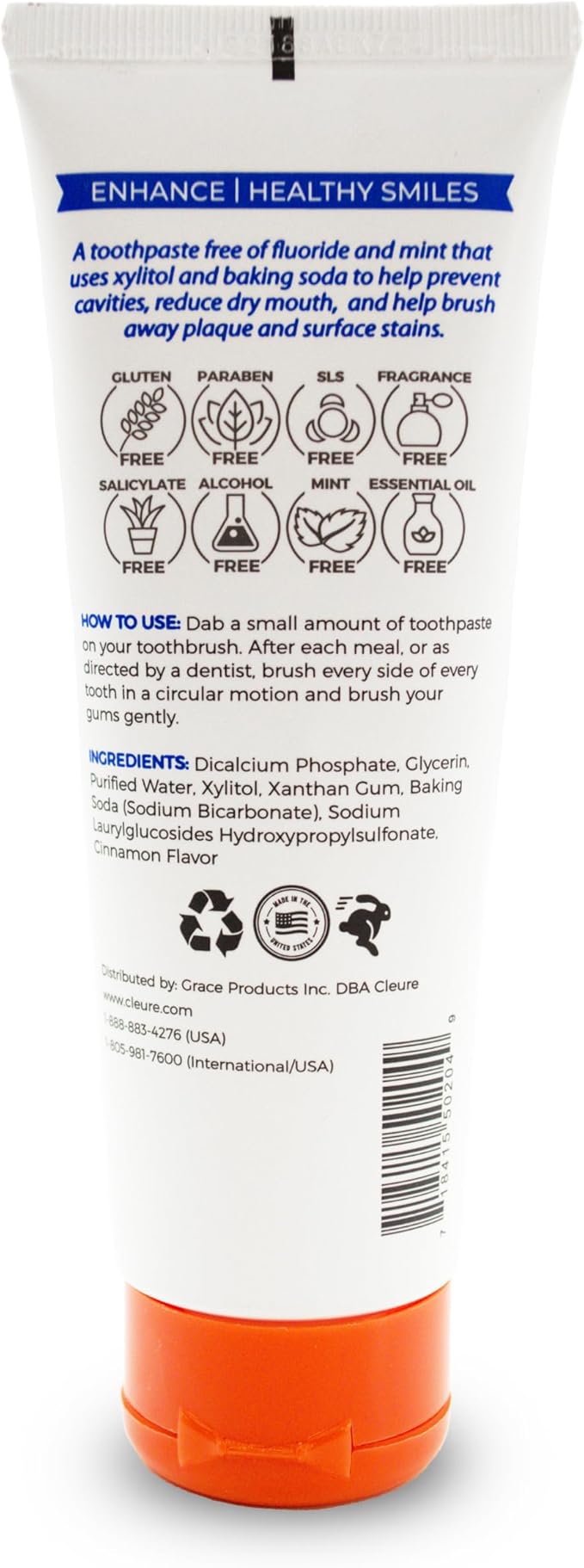 Cleure Natural Cinnamon Toothpaste - Flavor-Free, Fluoride-Free - Helps Whiten Teeth - Natural Great Taste for Children & Adults - Cinnamon Flavor (4oz Tube, Pack of 1)