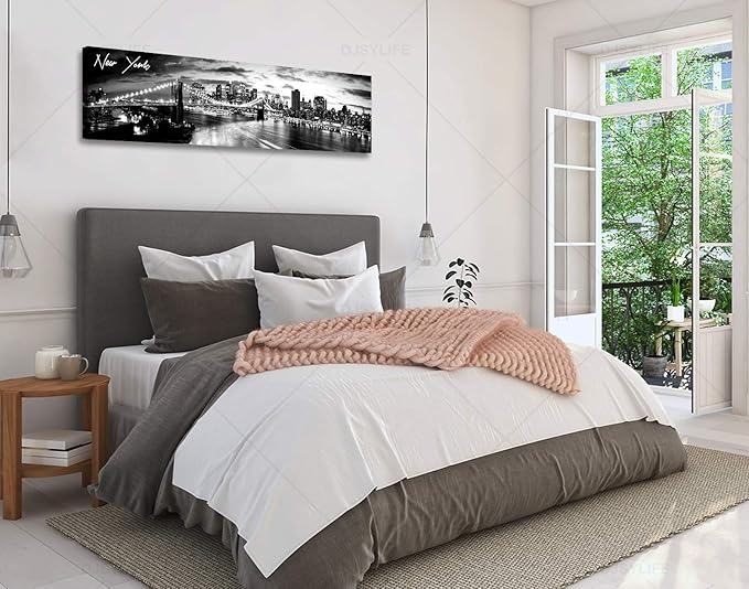 DJSYLIFE New York Skyline Wall Art - Brooklyn Bridge Night View - Black and White Nyc City Pictures Scape Artwork Painting Decoration for Bedroom or Office, Ready to Hang 13.8"x47.3"-New York1
