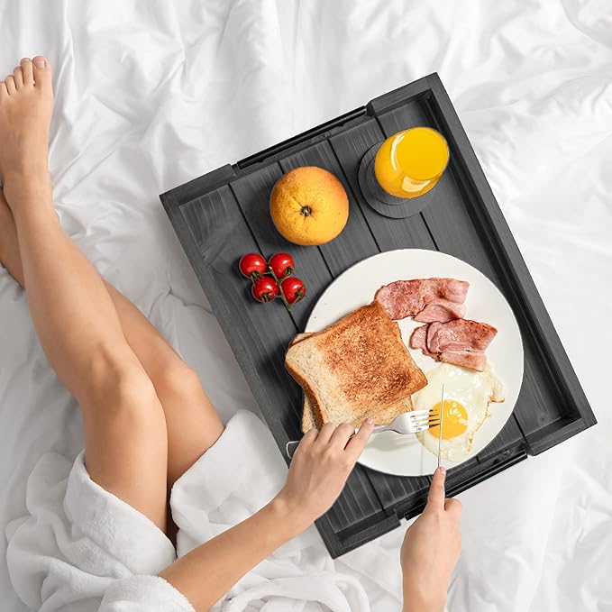 Dark Grey Coffee Table Decorative Serving Tray with Handles & 4 Coasters - 17x13 Inch Wood Tray for Ottoman, Breakfast, Wooden Tray