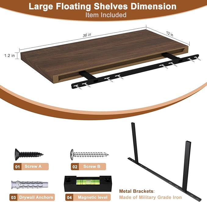 12 Inch Deep Floating Shelves for Wall 1 Pack Floating Shelves Large Storage Space Wall Mount Shelf for Living Room Kitchen Bathroom 36" W x 12" D x 1.2" H Walnut