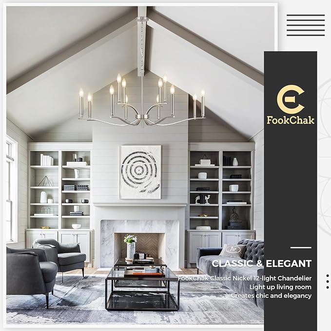 12 Light Nickel Living Room Chandelier High Ceiling Foyer Candle Chandelier Large Modern 44in Metal Chandeliers Hanging Light for Master Bedroom Dining Room Light Fixture Over Table