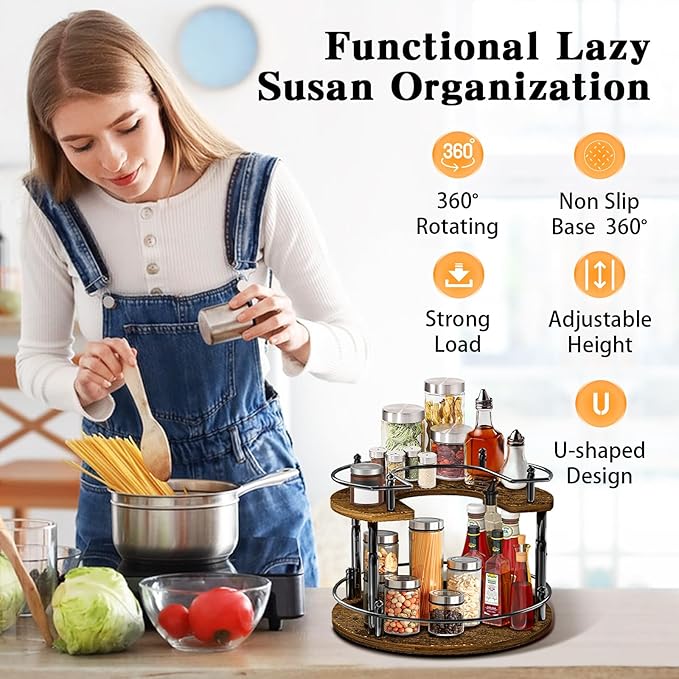 2-Tier Lazy Susan Organizer Turntable Spice Organization U-Shape 11.8" Rotating Spice Rack Height Adjustable for Cabinet, Pantry, Kitchen Countertop, Party