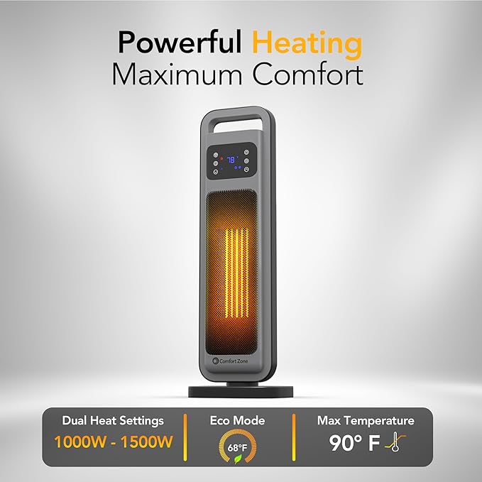 Comfort Zone Oscillating Digital Tower Heater with Remote Control for Indoor Use, Adjustable Thermostat, Timer, Overheat Protection, Tip-Over Switch, Ideal for Home, Bedroom, & Office, HT1206-GRY