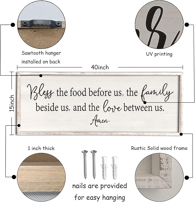Bless the Food Before Us Sign Wall Decor 40"X15" Large Farmhouse Dining Room Wall Decor Framed Wood Rustic Home Wall Art Kitchen Decoration (White)