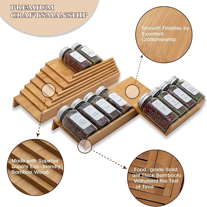 Bamboo Spice Rack Drawer Organizer - 8 Pieces Set- 10" Wide Per Piece - Combine Pieces Into 20" Wide Rack (10" or 20")