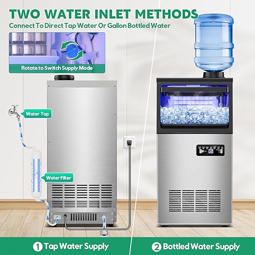 Commercial Ice Maker Machine 130Lbs/24H with 30Lbs Ice Capacity, 45Pcs Clear Ice Cubes Ready in 8-15Mins, Stainless Steel Under Counter Freestanding Large Ice Machine, 2 Water Inlet Modes