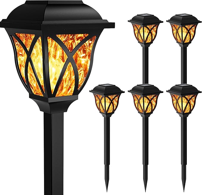 GIGALUMI Solar Lights Outdoor Waterproof, 6 Pack Flickering Flame LED Lights, Garden Decor for Yard, Patio, Landscape, Planter, Walkway