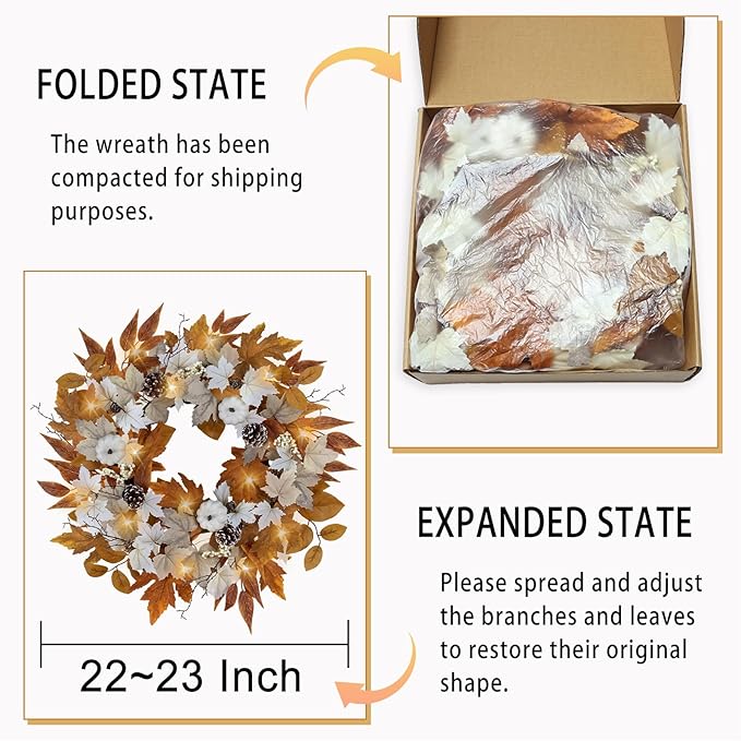 Fall Wreaths for Front Door Outside Autumn Wreath with Lights Berries Pine Cones Fall Decorations for Home Decor Pumpkin Wreath for Farmhouse Holiday Thanksgiving Harvest Halloween Outdoor