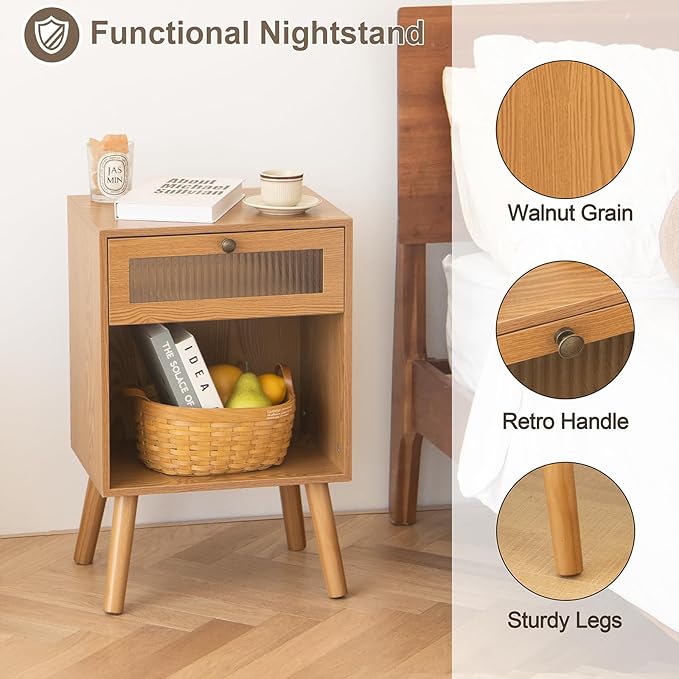 AWASEN Mid Century Nightstand, Bedside Table with Glass Storage Drawer and Large Open Shelf, Modern Night Stand Side End Table with Solid Legs for Bedroom, and Small Space, Brown