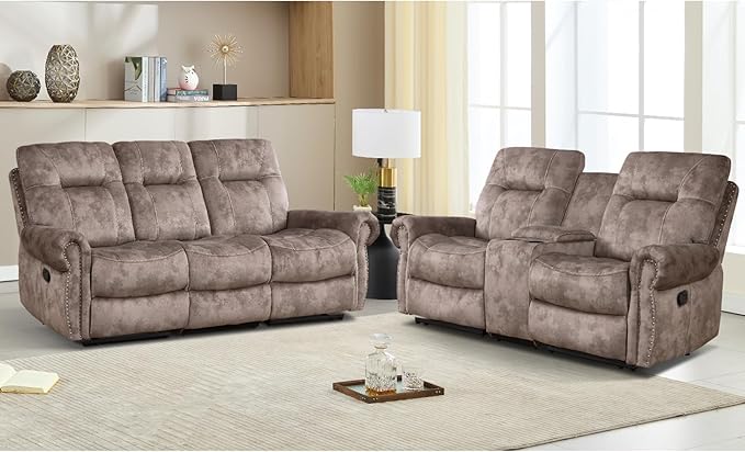 EBELLO 2 Pieces Manual Reclining Couch Furniture Set for Living Room, 2 Seat Loveseat and a 3 Seater Sofa, Vintage Rivet Mid-Century Design for Living Room, Brown