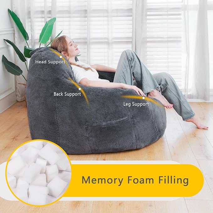 Giant Bean Bag Chair, Oversized Bean Bag Chairs for Adults and Kids, Gaming Chair Stuffed Memory Foam | Storage | Non-Slip, Removable Bean Bag Sofa Comfy Chair for Bedroom, Livingroom (Grey)