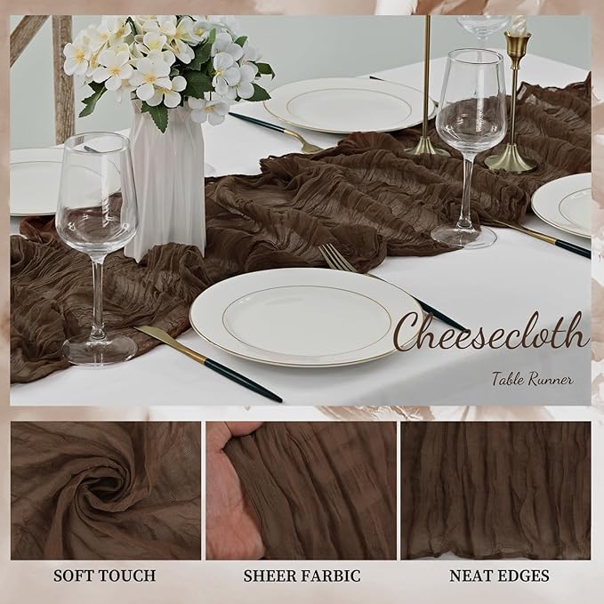10FT 12 Pack Brown Cheesecloth Table Runner 20 x 120 Inch Long Boho Fabric Rustic Cheese Cloth Table Runner for Wedding Bridal Shower Baby Shower Gauze Sheer Birthday Party Table Decorations