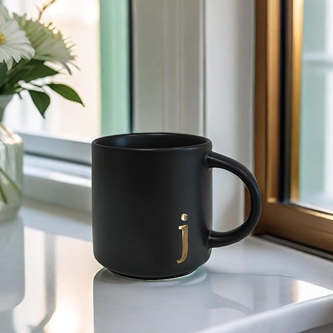 COLLECTIVE HOME - Black Monogram Ceramic Mugs, 15 oz Golden Initial Coffee Cups, Elegant Alphabet Tea Mugs, Personalized Halloween Mug with Gift Box, Perfect for Office and Home Décor (j)