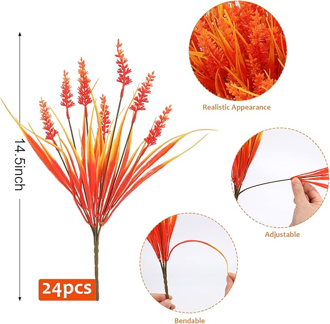 Geegoods 24 Bundles Artificial Fall Flowers Outdoor – Faux Lavender Flowers with Monkey Grass UV Resistant Plastic Faux Plants for Garden Porch Patio Home Decor, Autumn Color