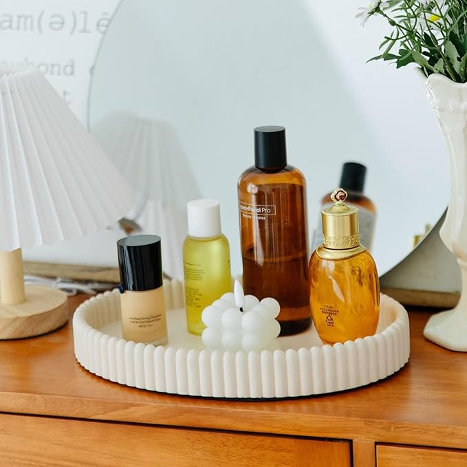 11.8in Decorative Tray for Coffee Table Decor- Modern Oval Concrete Tray for Home Decor- Minimalist Handcrafted Centerpieces Tray for Living Room, Kitchen Dining Table, Entryway (Beige)