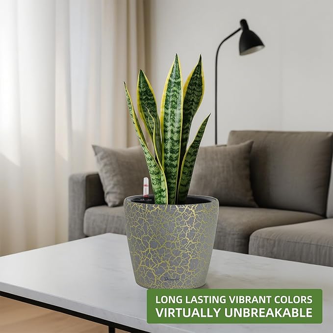Dexceder 11x10 Inches Self Watering Planter Indoor Outdoor, Inner Pot Design, Thickened Table Flower Plant Pot with Water Level Indicator (Grey Gold Crackle)