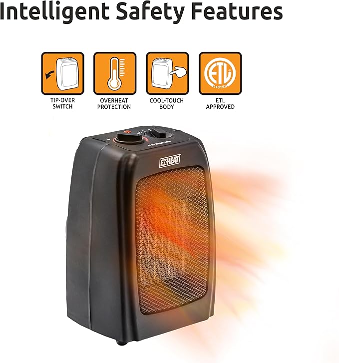 Electric Ceramic Portable Space Heater with Thermostat and Fan, Built-in Overheat Sensor, and Safety Tip-Over Switch, ST-MTPTC113